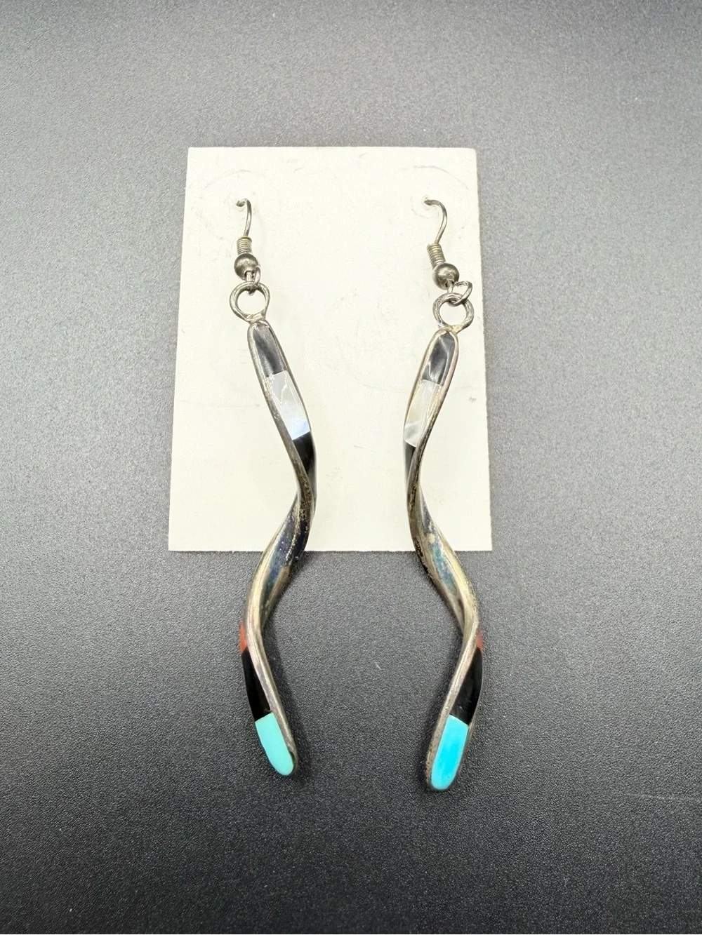 Vintage Sterling Silver 925 Zuni Spiral Inlay Dangle Drop Earrings Jewelry